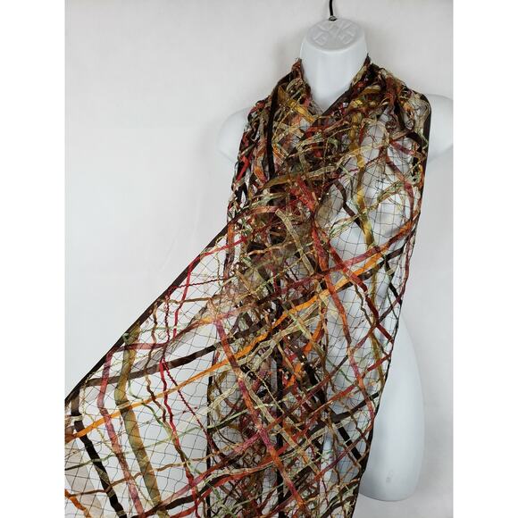 NWT Joann Chainson Scarf Red Brown Green Turquoise Blu silk Ribbon One of a kind - Picture 4 of 5
